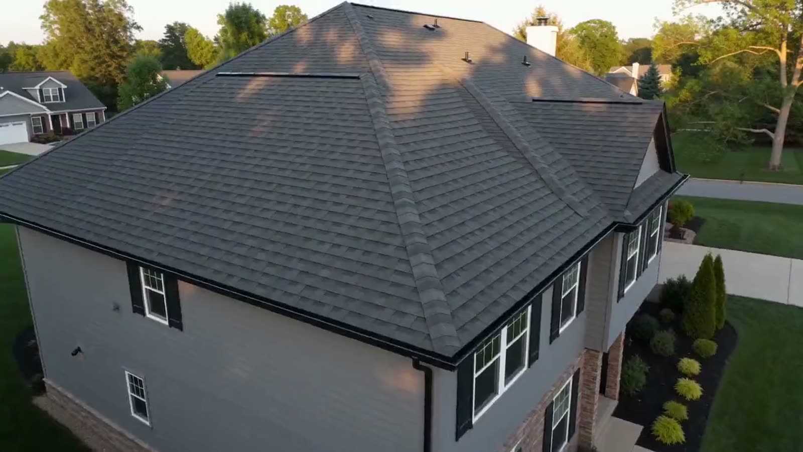 Aerial view of a newly shingled roof